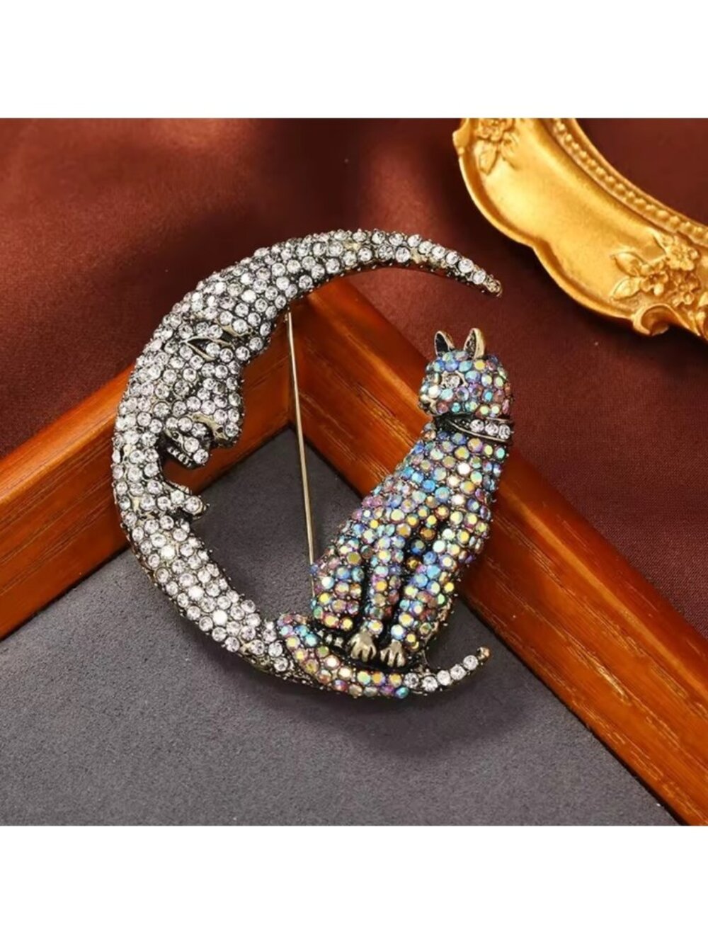 Crystal Cat Moon Brooch